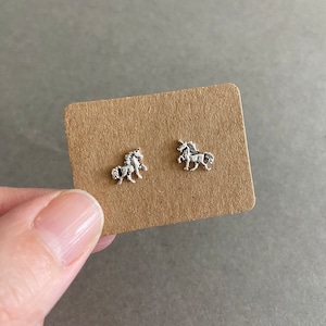 May include: A pair of silver unicorn stud earrings on a brown card.