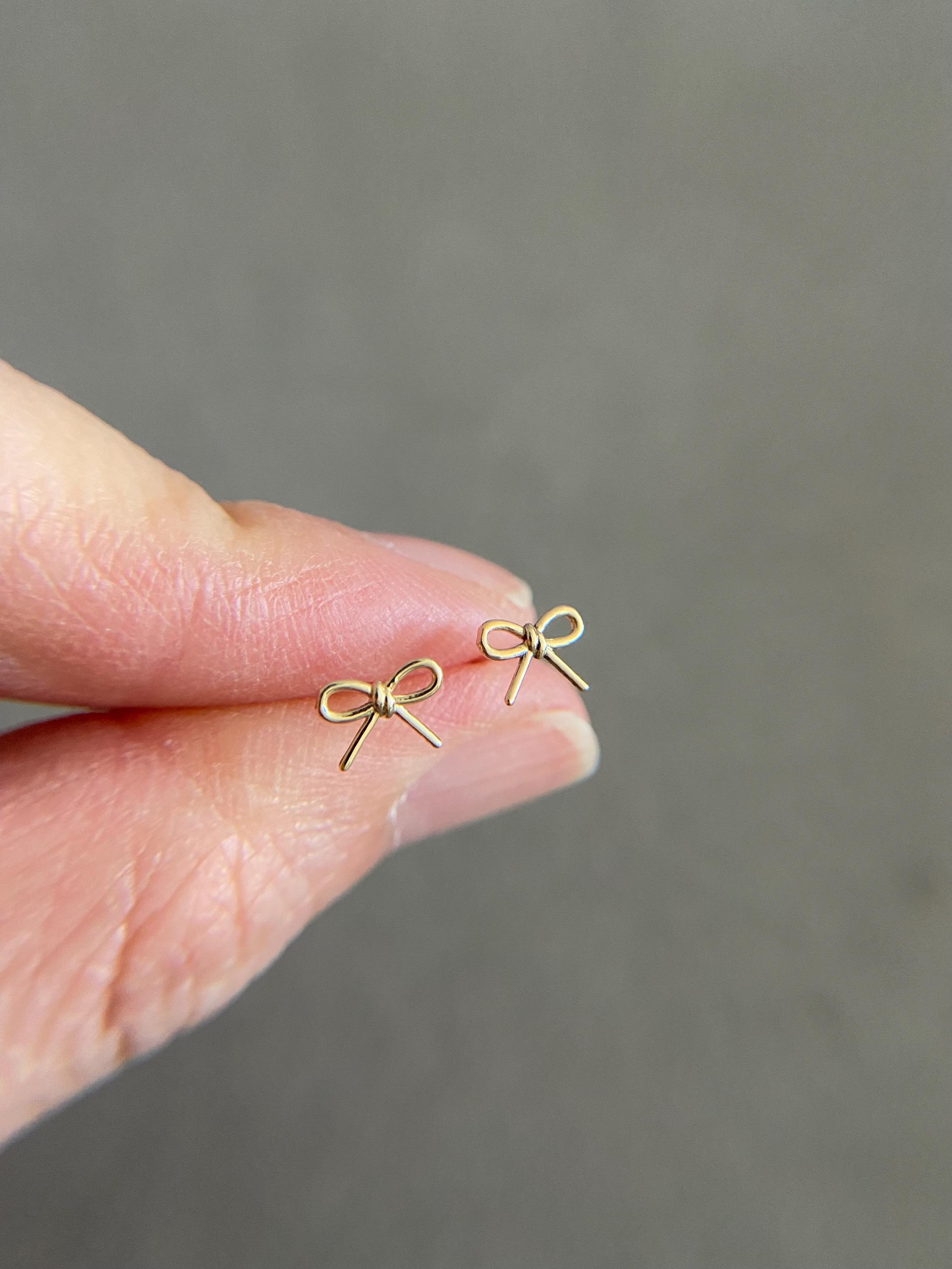 14K Solid Gold/ Tiny Bow Ribbon B Stud Earrings - 14K Solid