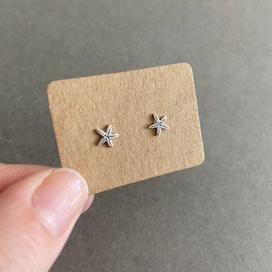 Op de afbeelding: Een paar zilveren oorbellen met een zeestervorm op een bruine kaart.