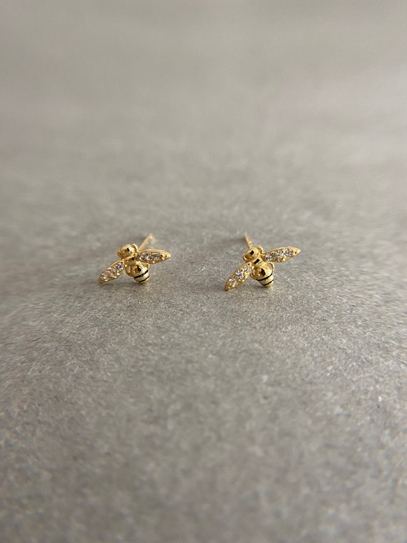 Silver Tiny CZ Honey Bee Stud Earrings - Sterling… - image 2