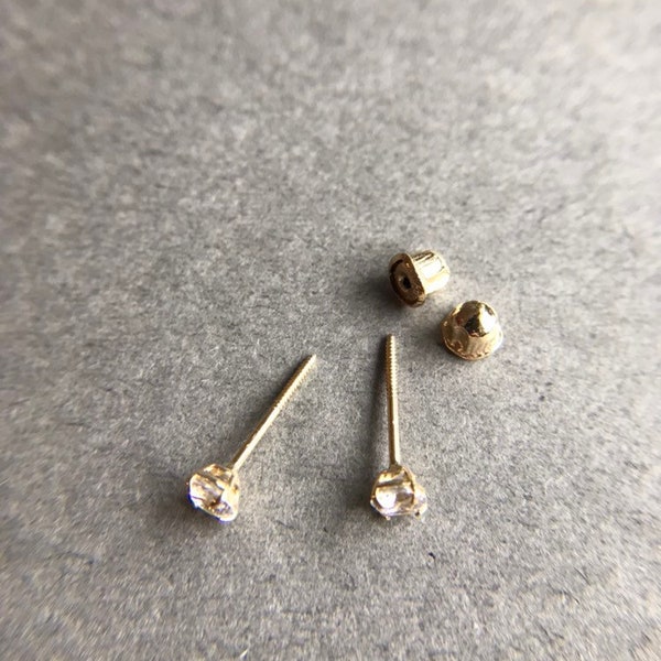 SCREW Back CZ Basket /14K Solid Gold Tiny Clear CZ Type B Stud Earring-14K Solid Gold