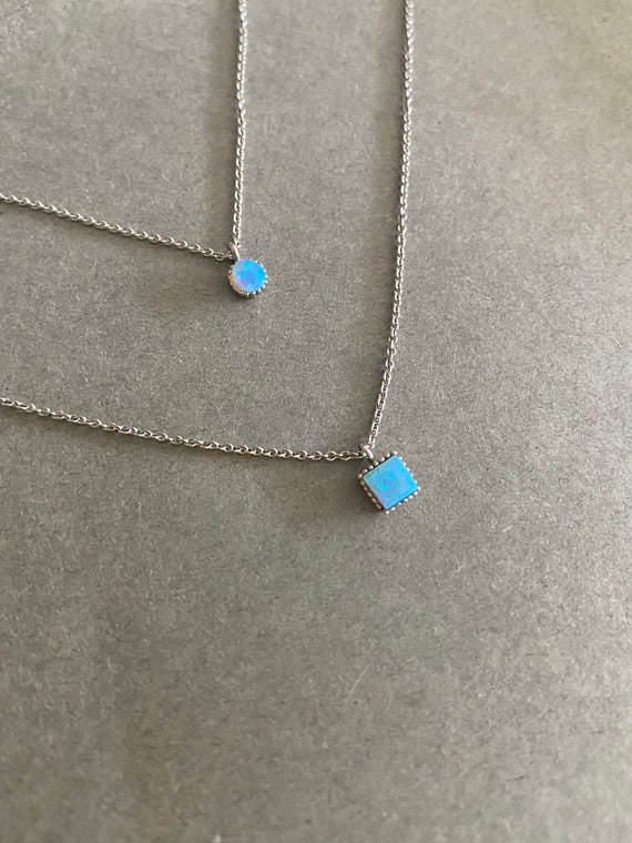 Tiny Mini Baby Blue Opal Silver Chain Necklace - Sterling