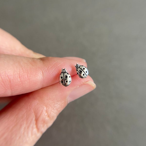 Silver Tiny Ladybug Type B Stud Earrings - Sterling Silver [ESV1054]