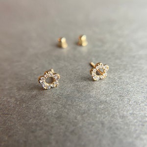 SCREW BACK/14K Solid Gold CZ Open Flower Stud Earrings- 14K Solid Gold