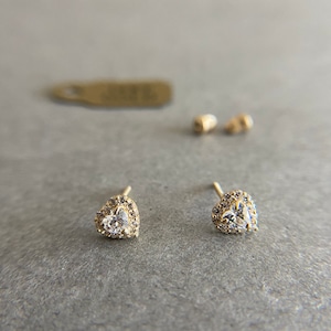 SCREW BACK/14K Solid Gold Tiny CZ Heart Stud Earrings- 14K Solid Gold
