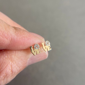 Screw BACK/14K Solid Gold Tiny CZ LOVE Stud Earrings- 14K Solid Gold