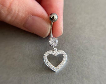 Sterling Silver CZ Heart Belly Button Rings, Navel Piercing,Belly Barbell, Belly Button Jewelry, Belly Piercing - Sterling Silver