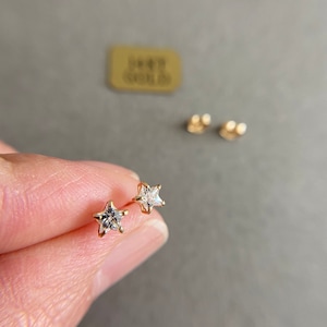 14K Solid Gold Tiny CZ Star Stud Earrings - 14K Solid Gold