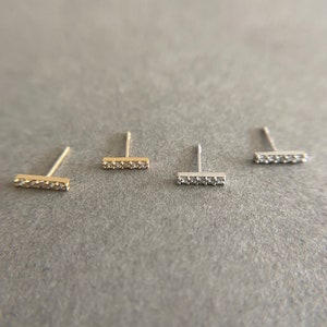 SCREW BACK/14K Solid Gold Tiny CZ Bar Stud Earrings- 14K Solid Gold