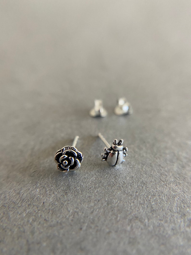 Tiny Mini Rose and Ladybug Stud Earrings Sterling Silver