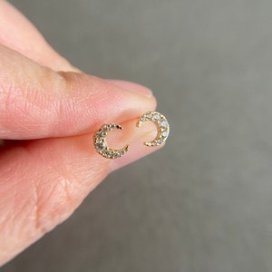SCREW BACK/14K Solid Gold CZ Crecent Moon Studs Earrings -14K Solid Gold
