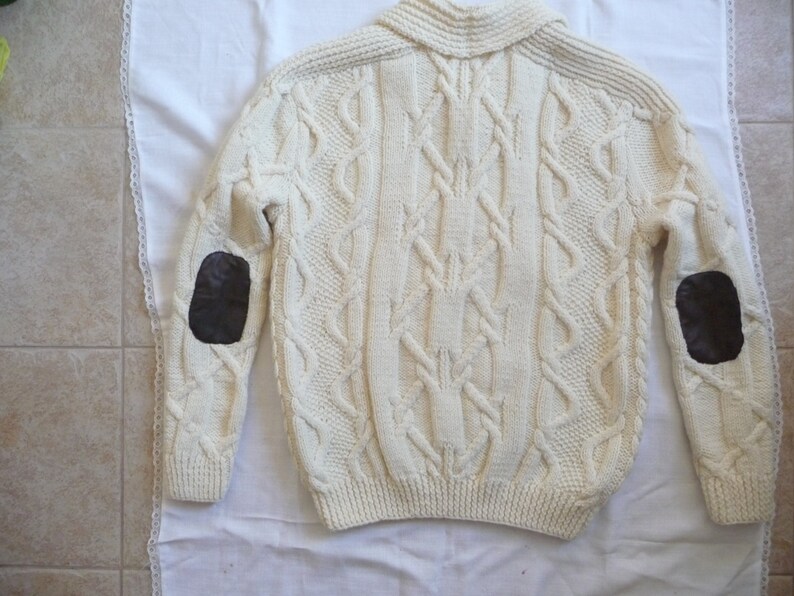 Mens Wool Sweater With Leather Patches and Cow Horn Button. Braided Men