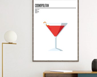 CANVAS Cosmopolitan Cocktail illustration Print, Cocktail Recipe, Fun Kitchen Artwork, poster, Kitchen Wall Art