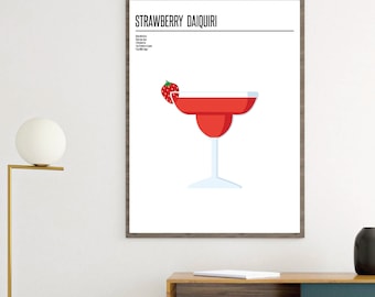 CANVAS Strawberry Daiquiri Cocktail illustration Print, Cocktail Recipe, Fun Kitchen Artwork, poster, Kitchen Wall Art
