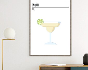 CANVAS Daiquiri Cocktail illustration Print, Cocktail Recipe, Fun Kitchen Artwork, poster, Kitchen Wall Art