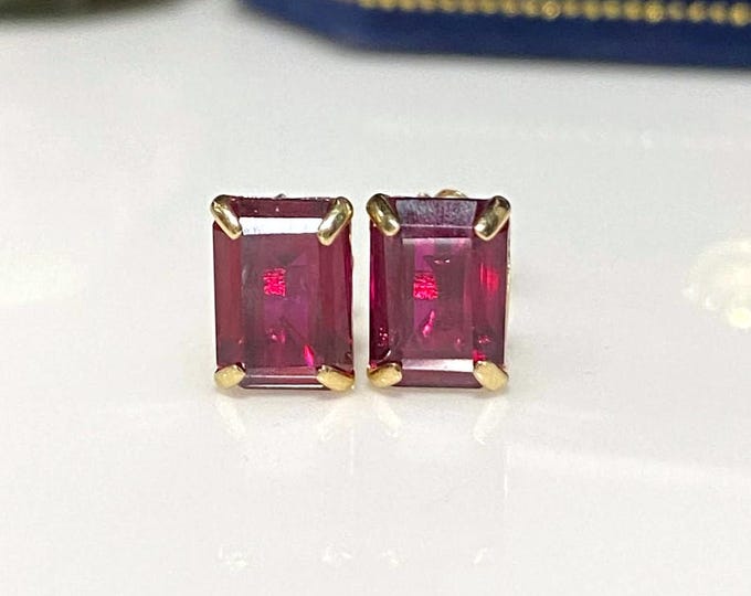 Vintage 14K Solid Yellow Gold Rectangular Ruby Earrings.