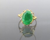 Vintage 18K Solid Yellow Gold Oval Green Jadeite Jade Filigree Ring Size 8.5