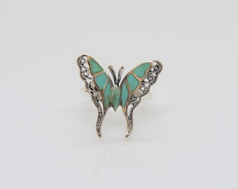 Sterling Silver Mini Butterfly With Simulated Blue Turquoise Chips Inlay Charm