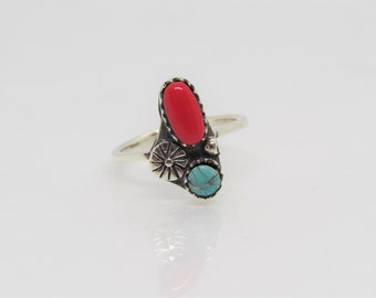 Southwestern Sterling Silver Ring with Turquoise and Coral