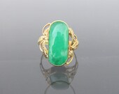 Vintage 18K Solid Yellow Gold Saddle Green Jadeite Jade Leaf Ring Size 7.25