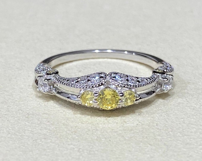 Sterling Silver Yellow Citrine & White Topaz Pave Ring.