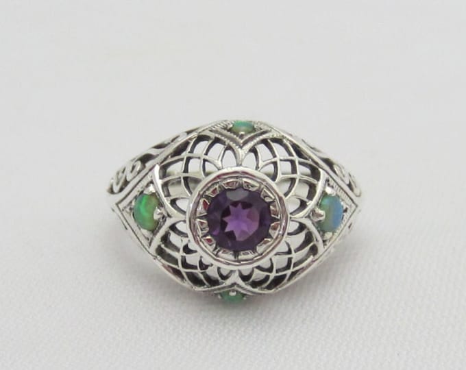 Vintage Sterling Silver Amethyst & Green Opal Filigree Ring Size 8