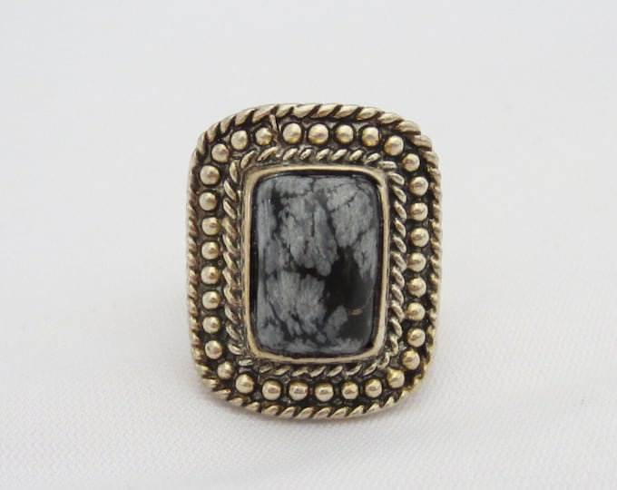 Vintage Modernist Sterling Silver Snowflake Obsidian Domed Ring Size 9.5