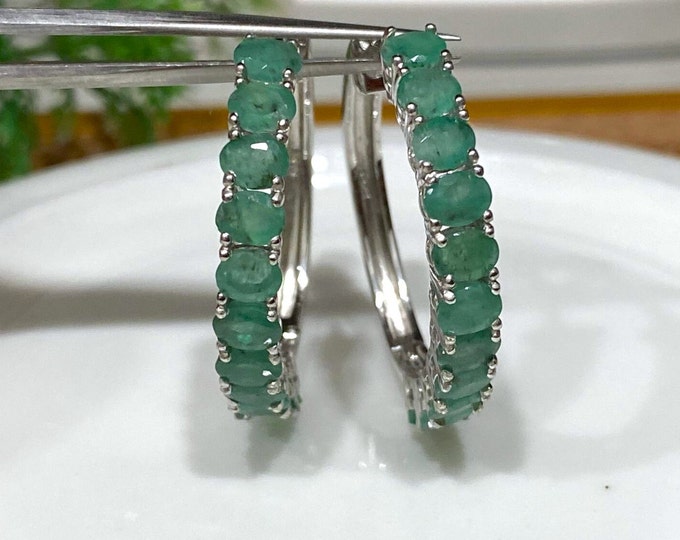 Vintage Sterling Silver Oval cut Natural Emerald Hoop Earrings 25MM