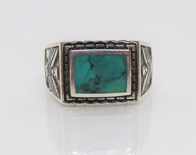 Vintage Sterling Silver Natural Turquoise Men's Ring Size 10