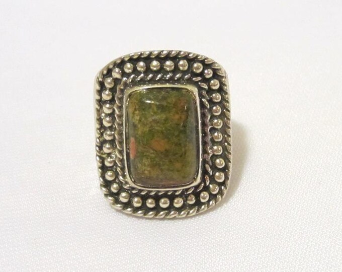 Vintage Modernist Sterling Silver Natural Unakite Domed Ring Size 9.5
