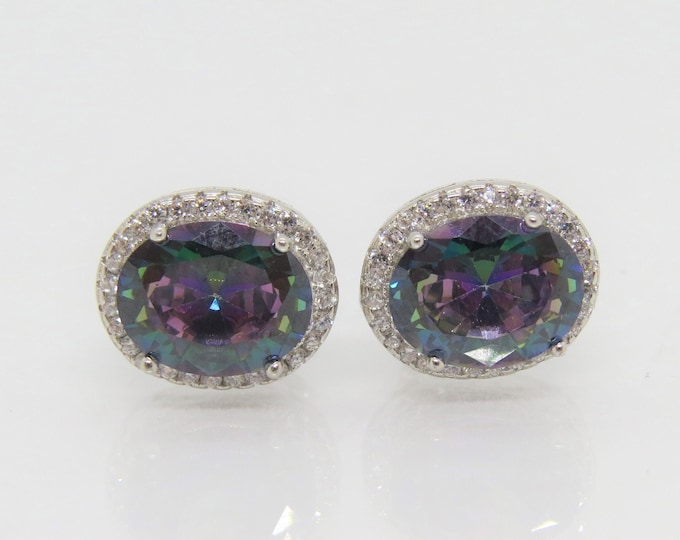 Vintage Sterling Silver Oval cut Mystic Topaz & White Topaz Earrings
