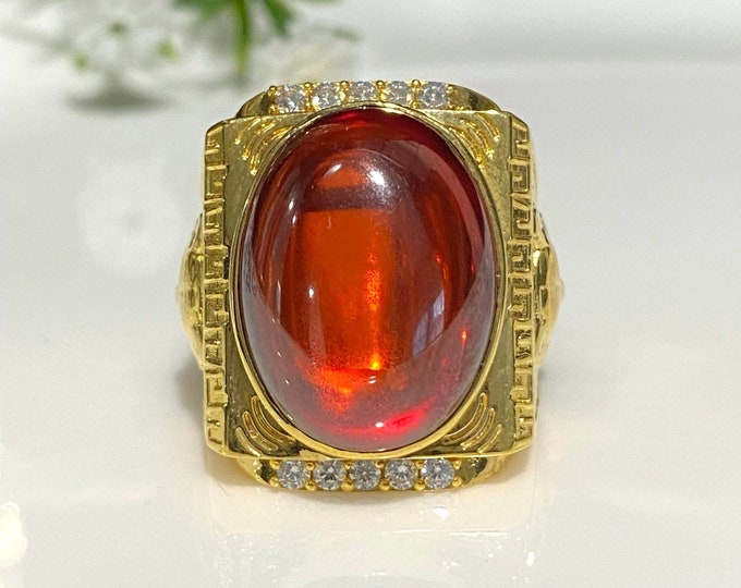 Vintage 15K 610 Yellow Gold Orange Garnet Cabochon & White Topaz Tiger Ring Size 8.5