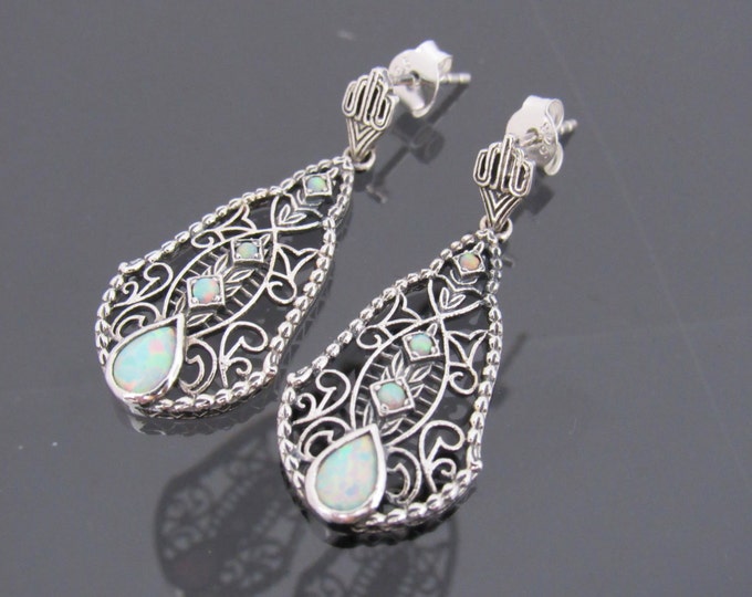 Vintage Sterling Silver White Opal Filigree Earrings
