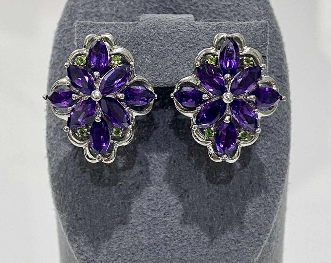 Vintage Sterling Silver Natural Amethyst & Peridot Earrings.