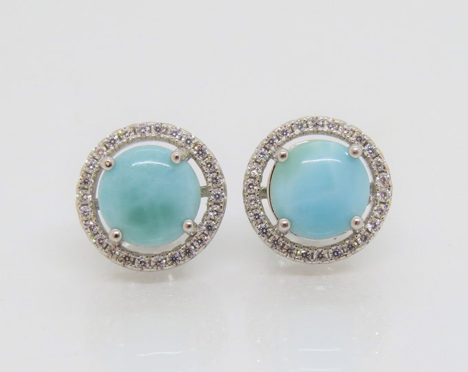 Vintage Sterling Silver Natural Larimar & White Topaz Halo Earrings