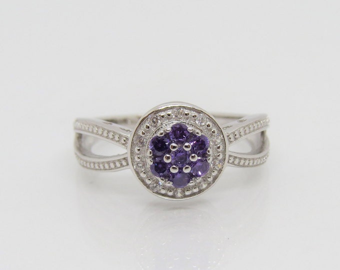 Vintage Sterling Silver Amethyst & White Topaz Flower  Ring Size 7