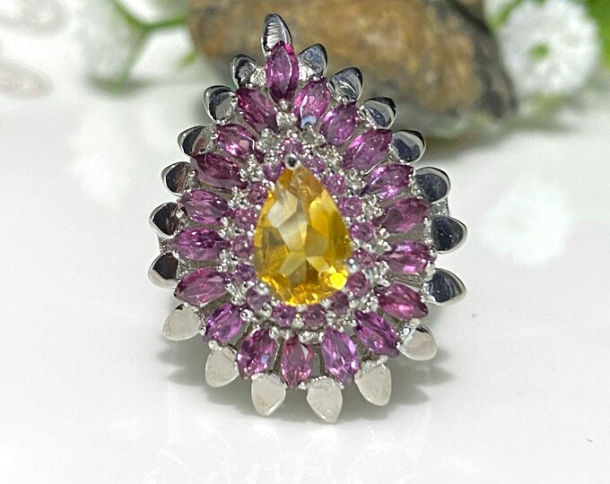Vintage Sterling Silver Natural Rhodolite & Citrine Ring Size 8