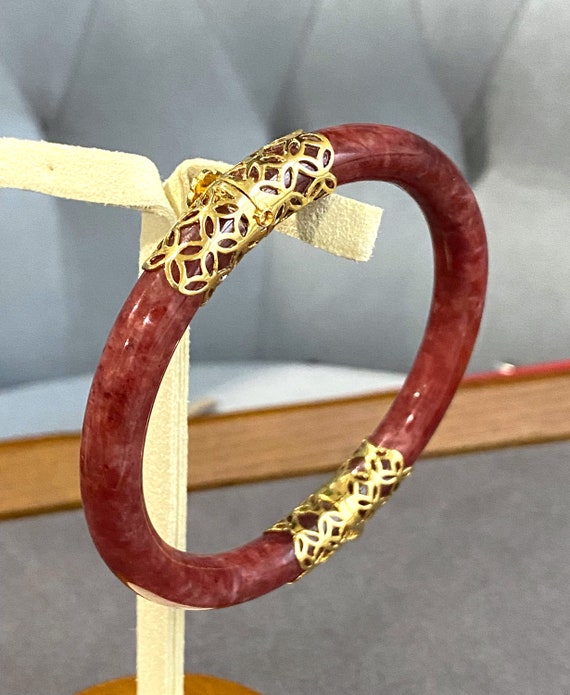 Vintage 18K Solid Gold Translucent Red Jadeite Ja… - image 6