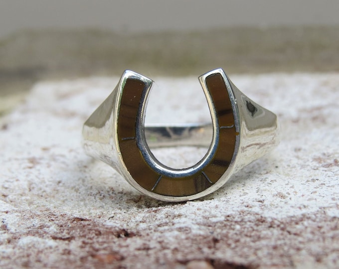 Sterling Silver Tiger's Eye Horseshoe Men's Ring.