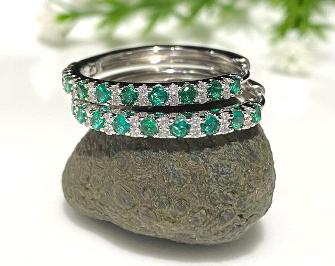 Vintage Sterling Silver Emerald & White Topaz Hoop Earrings 25MM