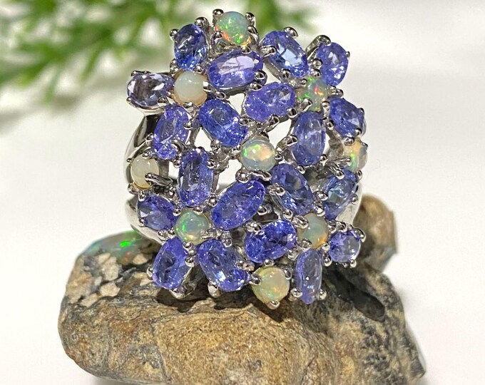 Vintage Sterling Silver Natural Tanzanite & Fire Opal Flowers Ring Size 9