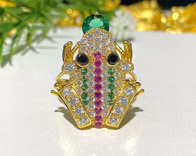 Vintage 15K Solid Gold Emerald, Ruby & White Topaz, Black Sapphire Eye's Frog Ring Size 7.75