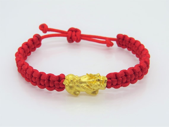 Vintage 24K 9999 Yellow Gold 3D Pixiu with Red We… - image 1
