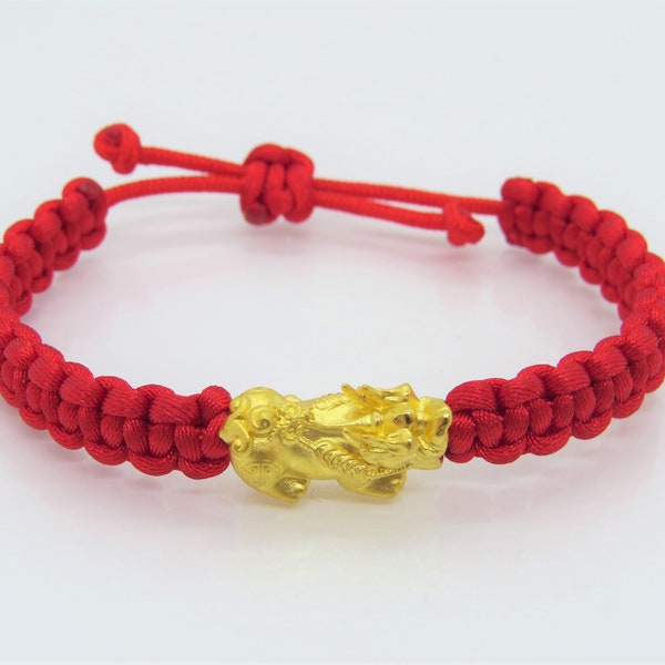 Vintage 24K 9999 Yellow Gold 3D Pixiu with Red Weave Adjusable Bracelet 7 1/2''