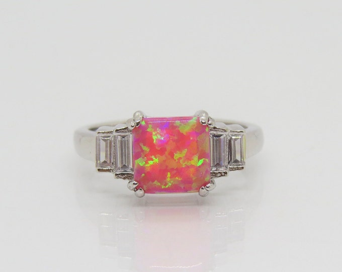 Vintage Sterling Silver White Topaz & Orange Pink Opal Ring Size 9