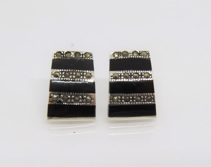 Vintage Sterling Silver Black Onyx & Marcasite Stud Earrings