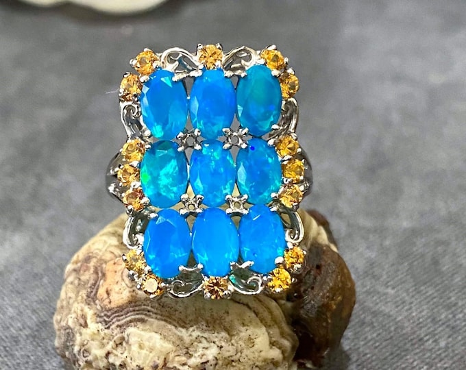 Vintage Sterling Silver Natural Blue Opal & Citrine Ring Size 8