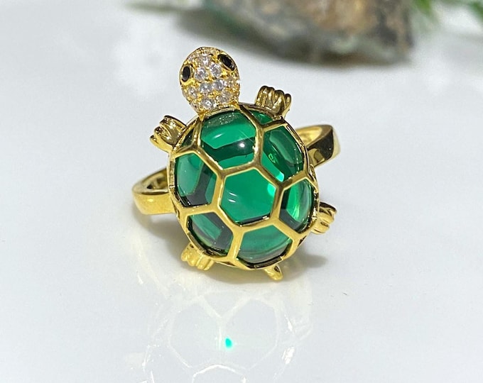Vintage 15K 610 Solid Yellow Gold Emerald, White Topaz & Black Sapphire Eye's Turtle Ring Size 7