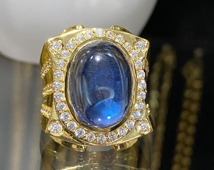 Vintage 15K 610 Yellow Gold Blue Sapphire Cabochon & White Topaz Ring Size 8.5