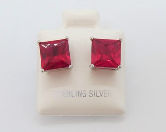 Sterling Silver Square cut Ruby Stud Earrings 6MM